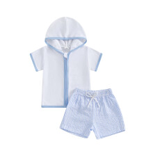(2-3 Years, Blue) Conjunto de playa para niño/niña pequeño: top de manga corta con capucha y cremallera y shorts estampados a rayas.