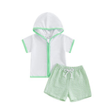 (6-12 Months, Green) Conjunto de playa para niño/niña pequeño: top de manga corta con capucha y cremallera y shorts estampados a rayas.