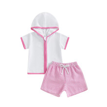 (18-24 Months, Pink) Conjunto de playa para niño/niña pequeño: top de manga corta con capucha y cremallera y shorts estampados a rayas.