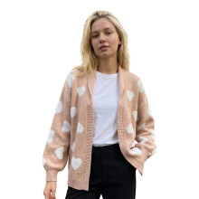 (L, Khaki) Women's Valentine's Day Sweater Cardigan Long Sleeve Open Front Heart Embroidery Knitwear