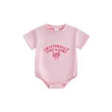 (0-3 Months, Pink) Baby-Mädchen-Strampler mit Buchstaben- und Schleifenstickerei, Rundhalsausschnitt, Kurzarm, Baby-Bodys, Jumpsuits