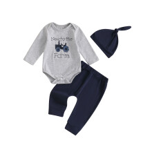 (3-6 Months, Blue) Conjunto de primavera para bebê menino com tratores e letras: macacão, calça e chapéu (3 peças).