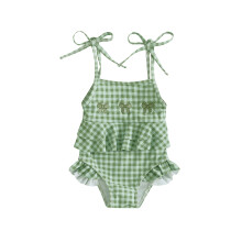 (2-3 Years, Green) Vauvan tytön bikini, spagettiolkaimet, solmittava kirjonta, rusetti, ruudullinen, kesäinen uimapuku
