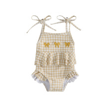 (2-3 Years, Khaki) Vauvan tytön bikini, spagettiolkaimet, solmittava kirjonta, rusetti, ruudullinen, kesäinen uimapuku