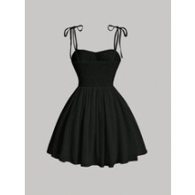 (L, Black) Women Sleeveless Spaghetti Strap Dress Solid Color Tie-up Corset Mini Party Dress for Vacation Cocktail Streetwear