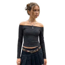 (M, Black) Womens Crop Tops Long Sleeve Off Shoulder Striped Print Slim Fit Going Out Fashion Shirts