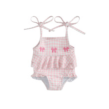 (6-12 Months, Pink) Vauvan tytön bikini, spagettiolkaimet, solmittava kirjonta, rusetti, ruudullinen, kesäinen uimapuku