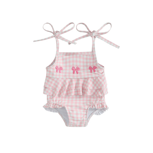 (6-12 Months, Pink) Μπικίνι για μωρά κέντημα καρό