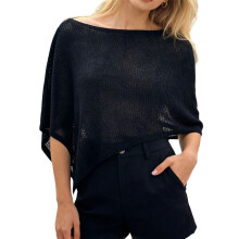 (S, Black) Women's Knit Ponchos Fashion Solid Color Round Neck Loose Fit Asymmetric Hem Crochet Cape