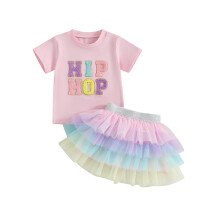 (2-3 Years, Pink) Completo estivo per bambina: maglietta a maniche corte con ricamo e gonna in tulle colorato (set 2 pezzi).