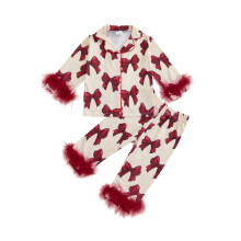 (9-10 Years, Red) Pijama feminino infantil, blusa de manga longa com estampa de laço em pelúcia e calça com elástico.