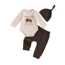 (0-1 Months, Brown) Conjunto de primavera para bebê menino com tratores e letras: macacão, calça e chapéu (3 peças).