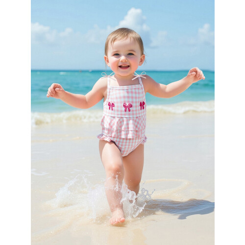 (18-24 Months, Pink) Μπικίνι για μωρά κέντημα καρό 1
