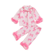 (8-9 Years, Pink) Pijama feminino infantil, blusa de manga longa com estampa de laço em pelúcia e calça com elástico.