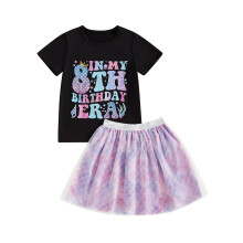 (8 Years, Black) Conjunto infantil feminino: camiseta de manga curta com estampa de letras e saia de tule escamosa.