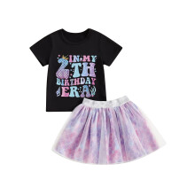 (2 Years, Black) Conjunto infantil feminino: camiseta de manga curta com estampa de letras e saia de tule escamosa.