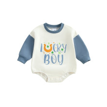 (3-6 Months, Blue) Baby-Frühlings-Strampler, langärmelig, Rundhalsausschnitt, Kleeblatt- und Hufeisenmuster, Body, Kleinkind-Spielanzug