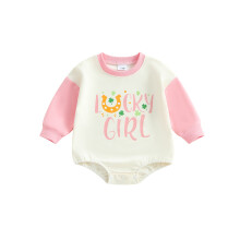 (9-12 Months, Pink) Baby-Frühlings-Strampler, langärmelig, Rundhalsausschnitt, Kleeblatt- und Hufeisenmuster, Body, Kleinkind-Spielanzug