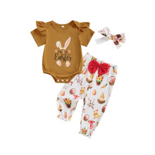 (3-6 Months, Brown) Conjunto de Páscoa para Bebê Menina com Macacão, Calça e Faixa de Cabelo (3 peças)
