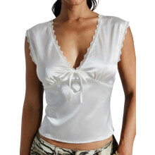 (M, White) Women's Summer Deep V Neck Vest Sleeveless Lace Trim Slimming Satin Party Tank Tops