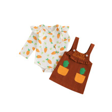 (12-18 Months, Brown) Conjunto de Páscoa para Bebê Menina com Cenouras e Coelhinhos - Macacão com Babados e Mangas Compridas, 2 Peças