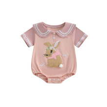 (6-12 Months, Pink) Baby Mädchen Oster-Strampler Kurzarm Matrosenkragen Hasenstickerei Body Neugeborenen-Outfit