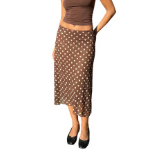 (M, Coffee) Women's Dot Print Long Skirts Fashionable Casual Low Rise Ruffle Flowy Mesh Midi Skirt
