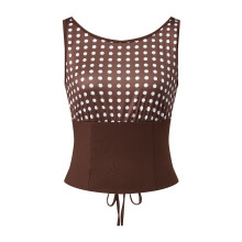 (M, Coffee) Women Tank Tops Off Shoulder Sleeveless Dot Print Patchwork Back Tie up Slim Waist Crop Vest Shirts