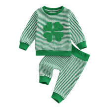(3-6 Months, Green) Conjunto de bebê primavera 2 peças: blusa longa com bordado + calça listrada. Roupa outono.