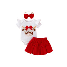 (6-9 Months, Red) Conjunto de verão para meninas: macacão bordado, minissaia evasê e faixa de cabelo com laço.