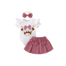 (6-9 Months, Purple) Conjunto de verão para meninas: macacão bordado, minissaia evasê e faixa de cabelo com laço.