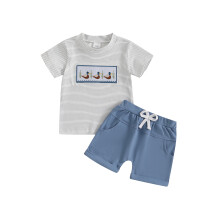 (12-18 Months, Blue) Conjunto de 2 piezas para bebé niño: camiseta de manga corta con bordado de pato y pantalones cortos.