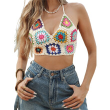 (M, Apricot) Women's Knit Cami Tops Sleeveless Tie Halter Neck Crochet Floral Camisole Tops Summer Shirts