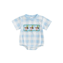 (12-18 Months, Blue) Tutina per neonati e bambine, maniche corte, scollo rotondo, ricamo a papera, stampa a quadri.