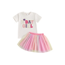 (4-5 Years, White) Completo compleanno per bambine: maglietta corta con ricamo e gonna in tulle arcobaleno. Vestiti carini!