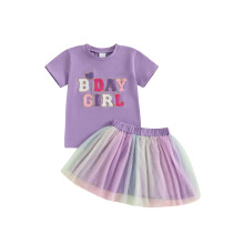 (18-24 Months, Purple) Conjunto infantil para aniversário com camiseta bordada e saia de tule arco-íris. Roupa fofa para bebês e crianças.