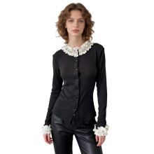 (S, Black) Women's Slim Fit Knitted Cardigan Elegant Dot Print Long Sleeve Round Neck Button Down Tops