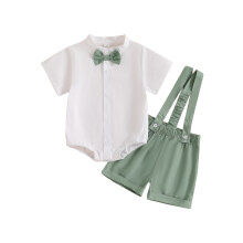 (0-3 Months, Green) Conjunto 2 peças bebê menino, estilo cavalheiro, gola alta, manga curta e shorts com suspensório.