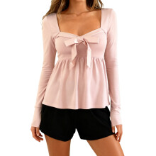 (S, Pink) Women T-shirt Long Sleeve Bowknot Pleated Solid Ladies Fall Tops Streetwear for Casual Daily