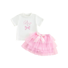(1-2 Years, Pink) Conjunto de verão para menina: blusa curta com estampa e laço, saia-calça de renda e tule (2 peças)