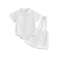 (6-12M, WHITE) Conjunto 2 peças bebê menino, estilo cavalheiro, gola alta, manga curta e shorts com suspensório.