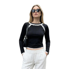 (L, Black) Women's Long Sleeve Crop Tops Lace Patchwork Crew Neck Slim Fit T-Shirt Casual Shirts Streetwear
