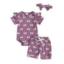 (0-3 Months, Purple) Completo estivo bambina: tutina maniche corte con stampa a fiocco, pantaloncini elastico e fascia capelli, set 3 pezzi.