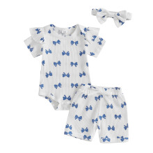 (6-12 Months, White) Conjunto de verão para bebê menina: body curto com babados, shorts elásticos e faixa de cabelo.