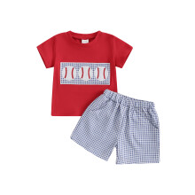 (18-24 Months, Red) Souprava pro miminka: tričko s krátkým rukávem a kostkované kraťasy, letní dvoudílný outfit