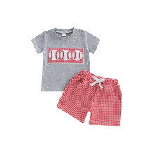 (6-12M, GRAY) Souprava pro miminka: tričko s krátkým rukávem a kostkované kraťasy, letní dvoudílný outfit