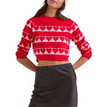 (M, Red) Women Knit Sweater Long Sleeve Crew Neck Heart Pullover Warm Sweater for Valentine's Day