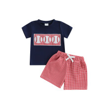 (18-24M, Navy Blue) Souprava pro miminka: tričko s krátkým rukávem a kostkované kraťasy, letní dvoudílný outfit