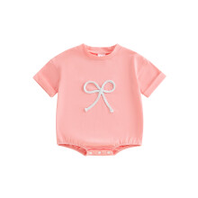 (6-12 Months, Pink) Süßer Sommer-Strampler für Babys und Mädchen, Kurzarm, Rundhalsausschnitt, Schleifenstickerei, lässiger Strampler