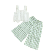 (18-24 Months, Green) Conjunto 2 peças menina: blusa regata bordada e calça pantalona xadrez com cintura elástica.